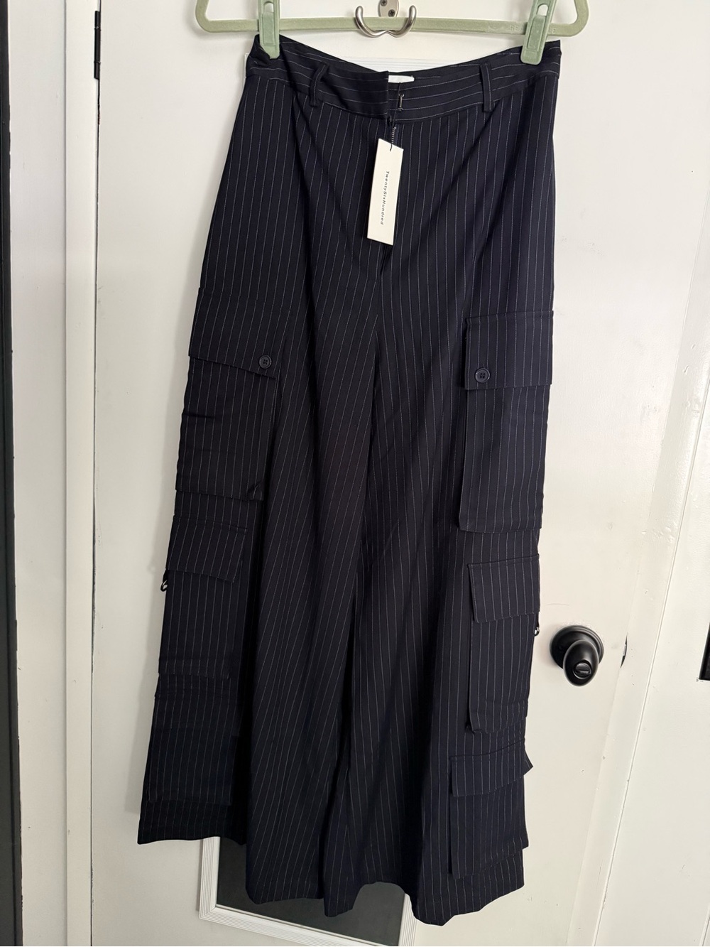 Pinstripe Wide Leg Cargo Trousers - Navy with White Pinstripes Size 10